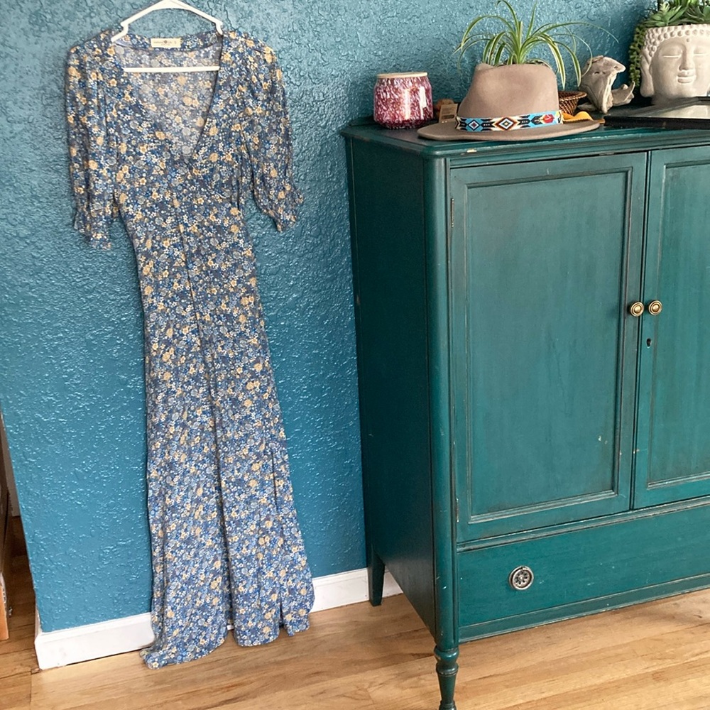 Natural Life Floral Blue Maxi, Wrap Dress small